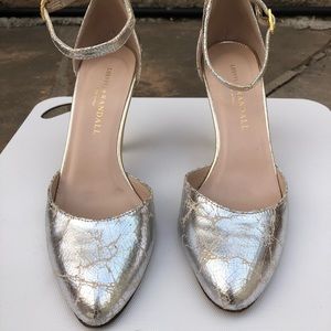 Loeffler Randall Silver Cracked Leather Ankle Strap Pumps